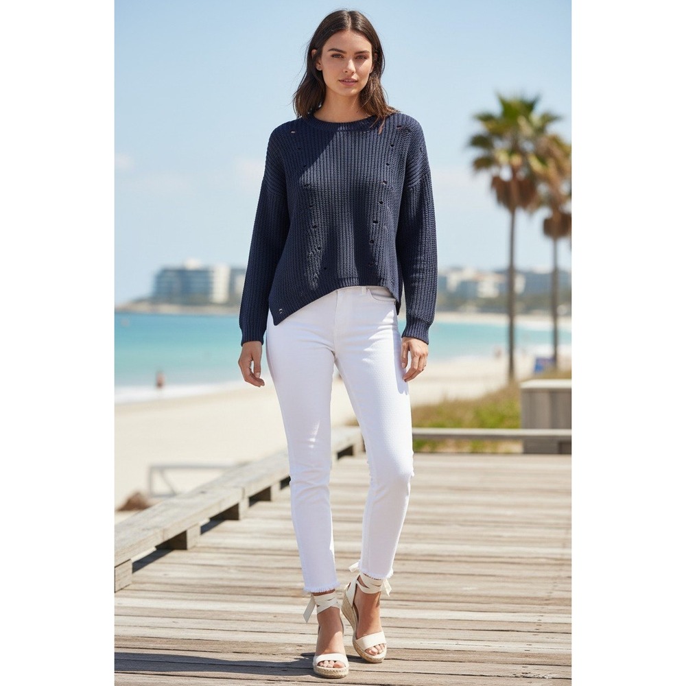 Rag & Bone JEAN Navy 100% Cotton Chunky Knit Eyelet Sweater S Coastal NWOT $295‎